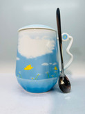 ماگ سرامیکی وارداتی طرح ابر دارای قاشق و درب دار و جعبه دار - ابی